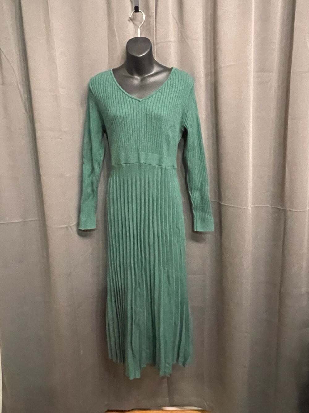 PrettyGarden Green V Neck Ribbed Knit Long Sleeve Midi Sweater Dress L